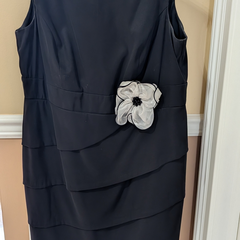 dressbarn Elegant Black Midi Dress with White Flower Accent